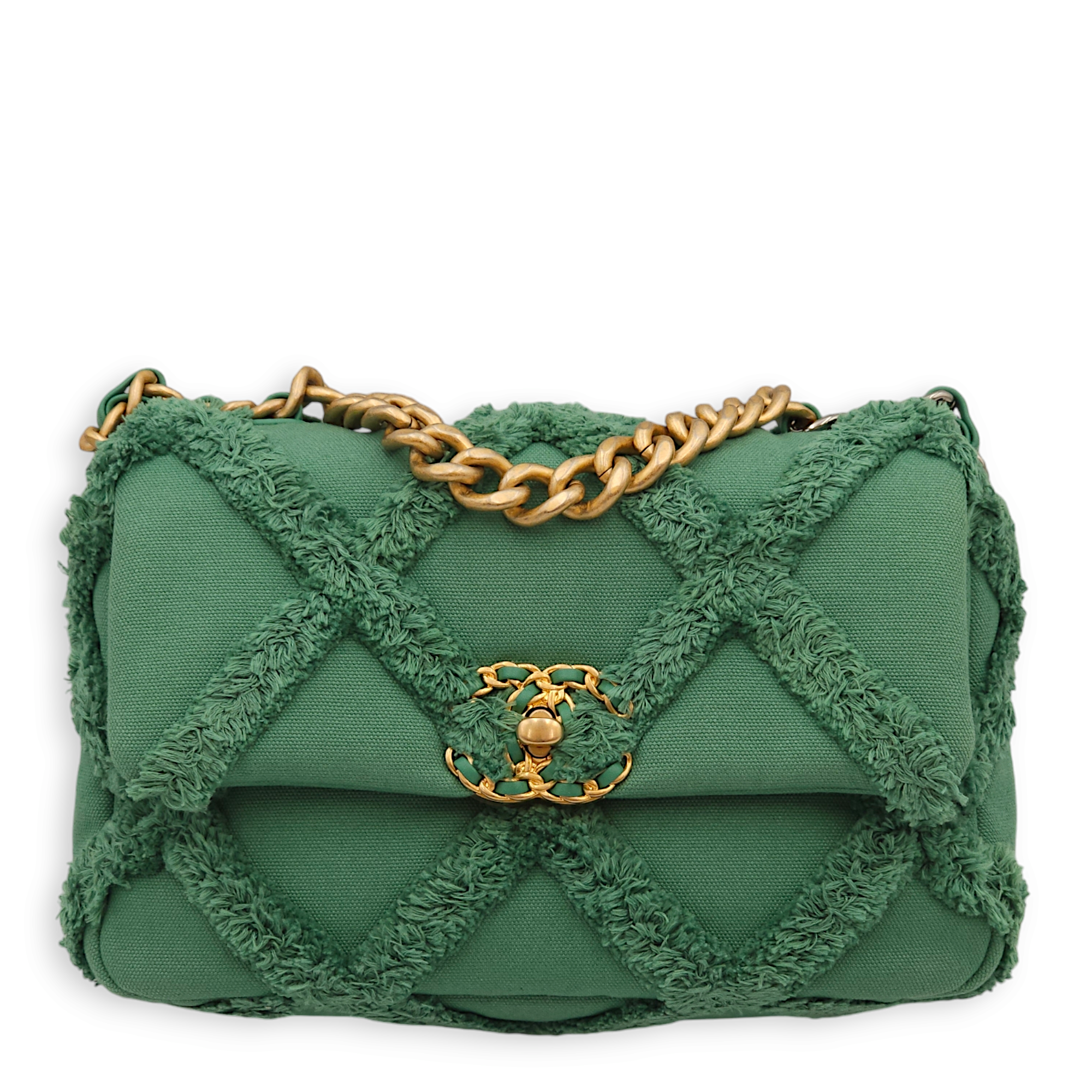 Chanel S19 Flap Small Green Shoulder Bag in Fabric, 3-Tone