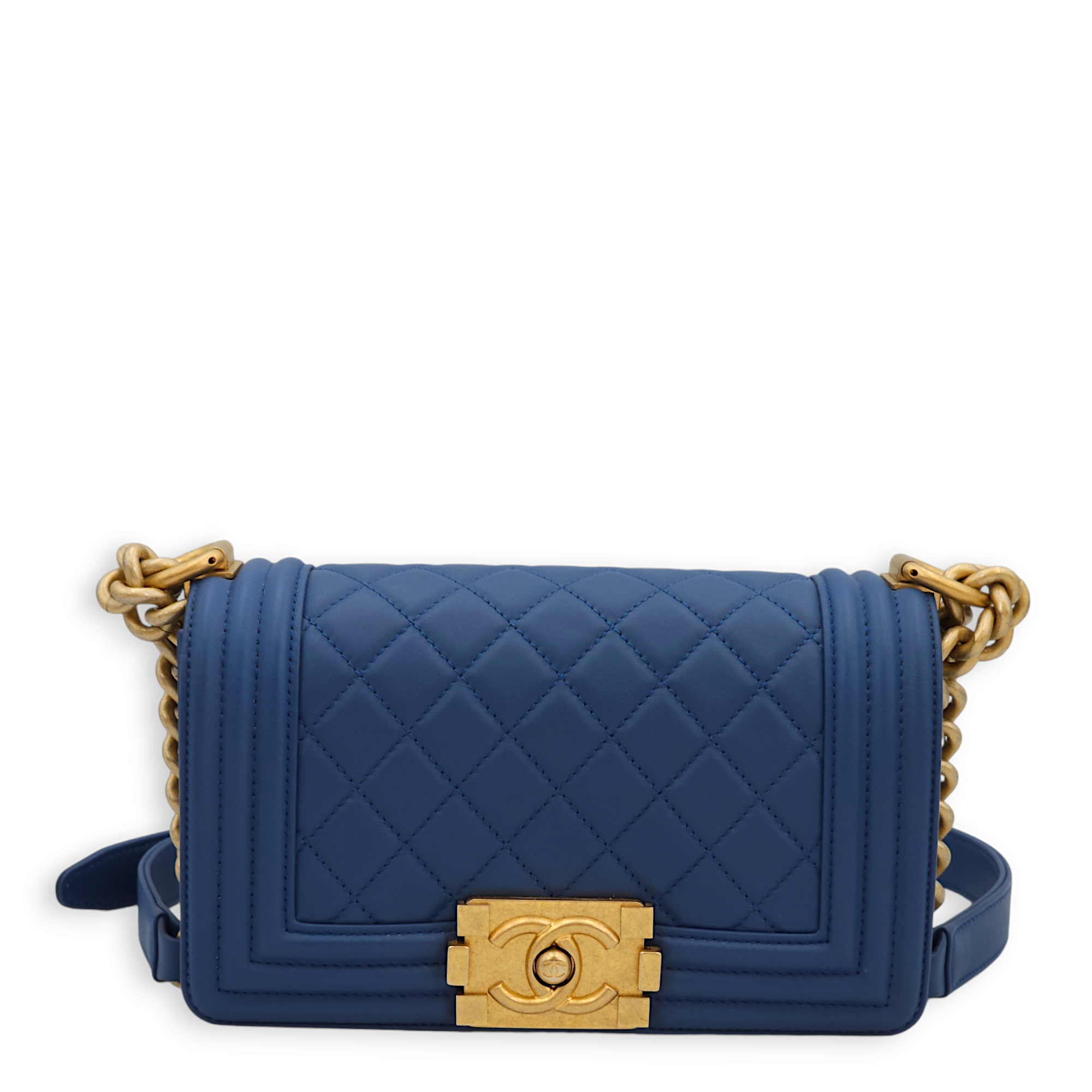 Chanel Quilted Le Boy Small Blue Shoulder Bag in Lambskin, Gold