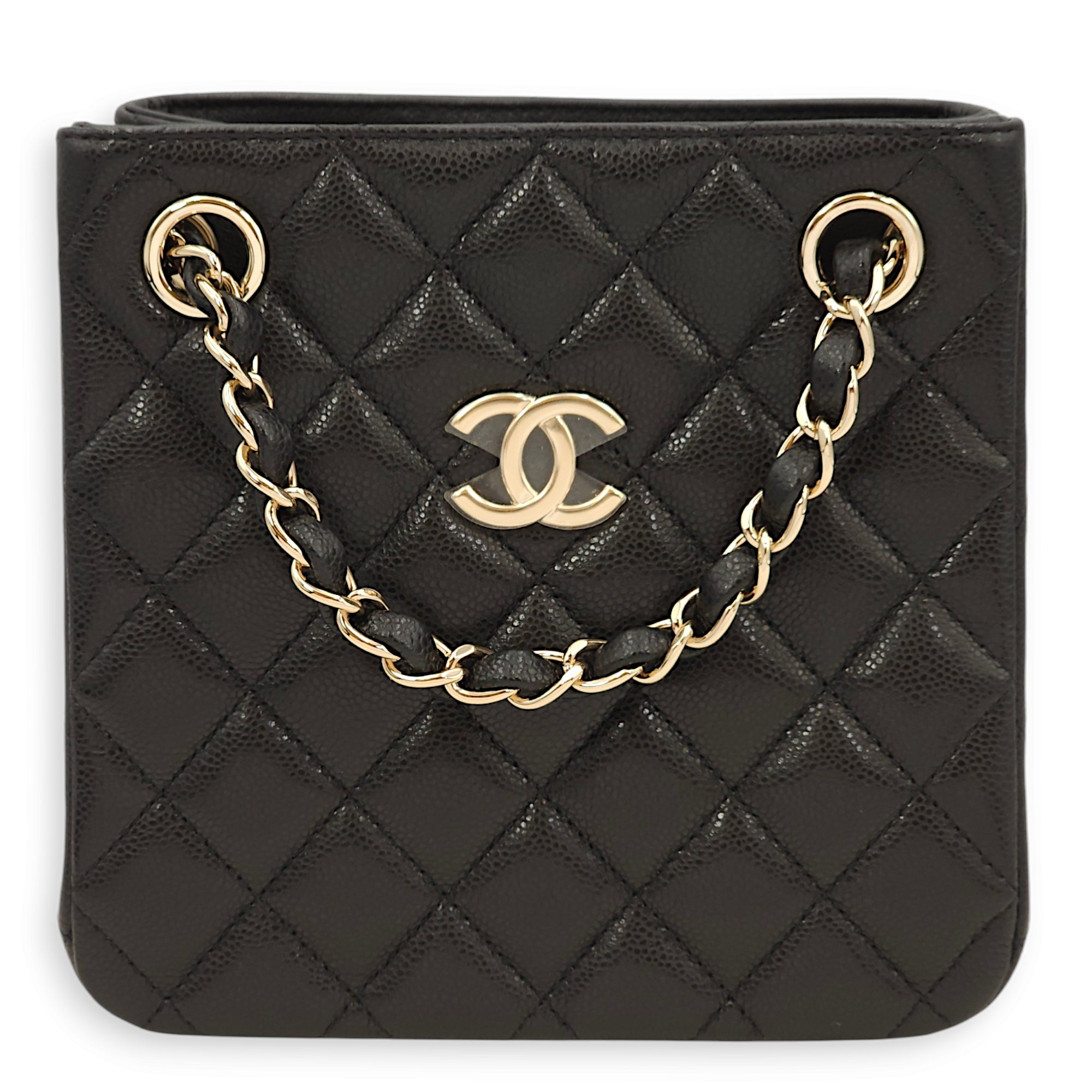 Chanel Quilted Bucket Mini Black Shoulder Bag in Caviar, Gold