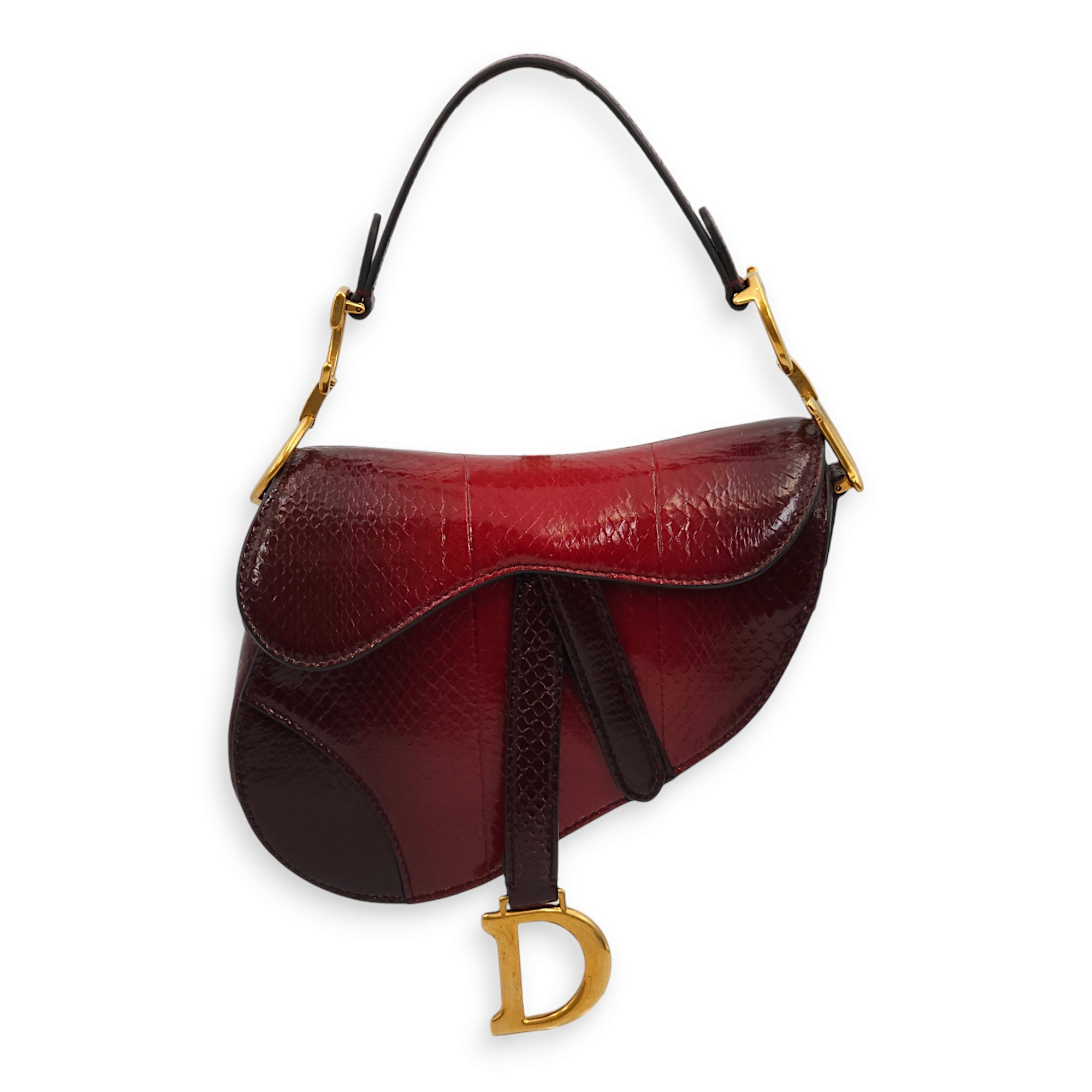 Christian Dior Saddle Mini Red Top Handle Bag in Python Leather Gold hardware Singapore