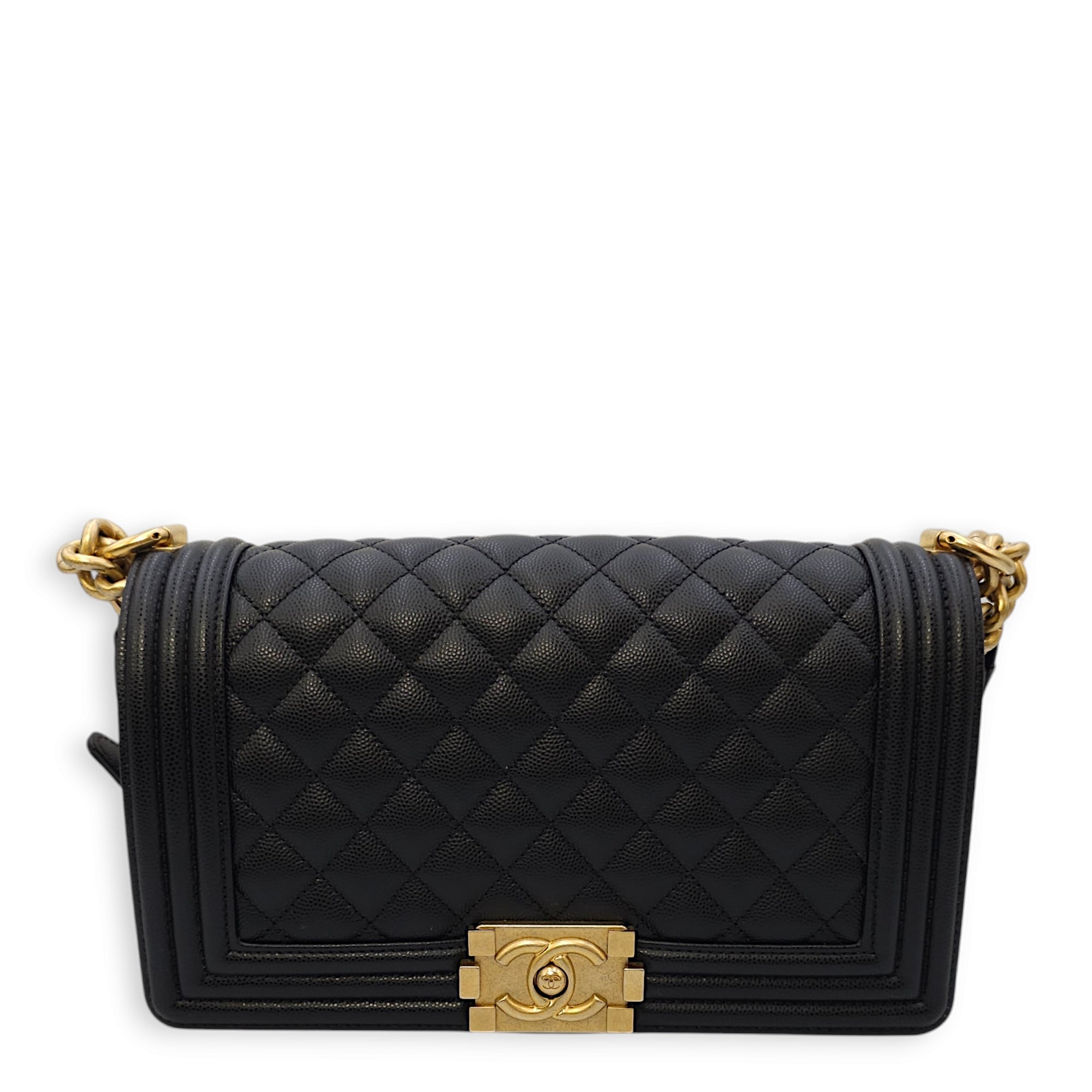 Quilted Boy Medium Black Crossbody Bag in Caviar Leather Gold hardwar