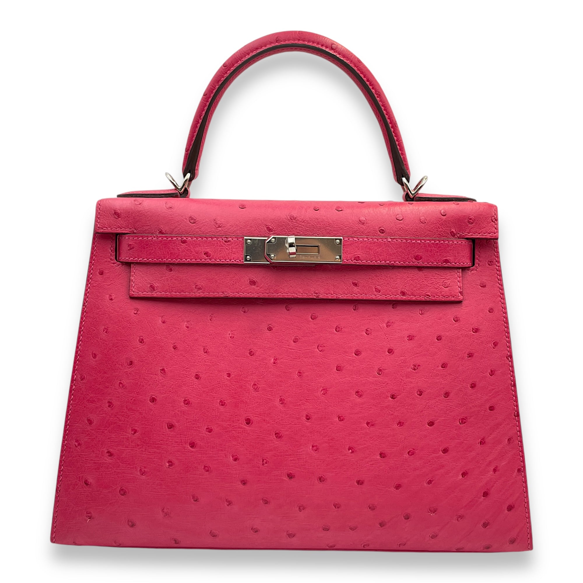 Hermès Sellier Kelly 28 Rose Tyrien in Ostrich, Palladium hardware