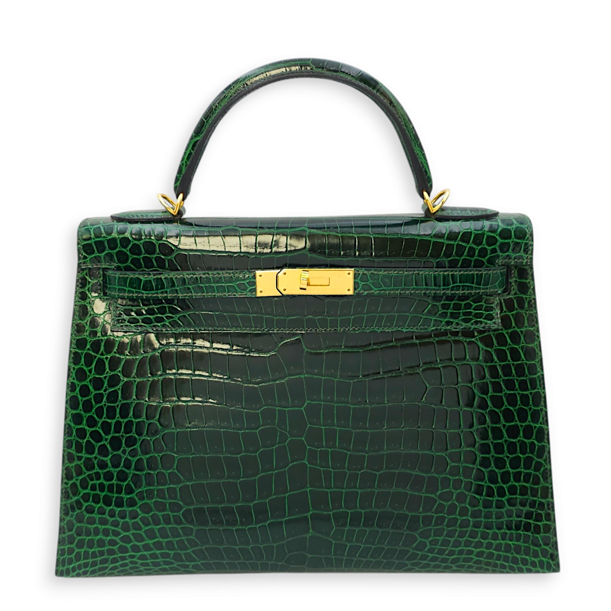 Hermès Sellier Kelly 32 Vert Fonce in Shiny Porosus, Gold hardware
