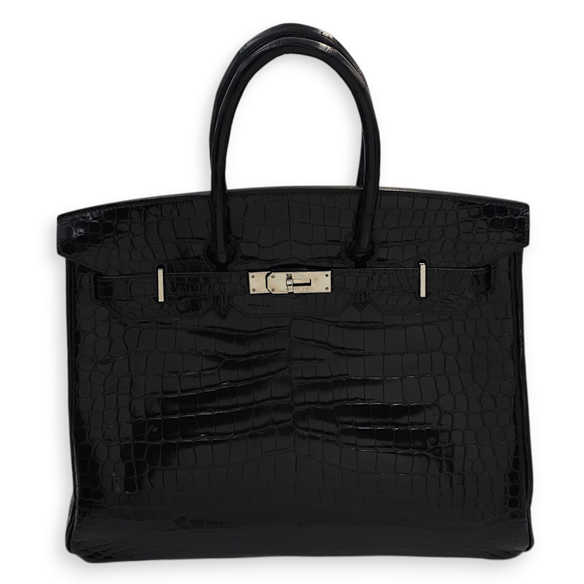 Birkin 35 Black in Shiny Porosus, Palladium hardware