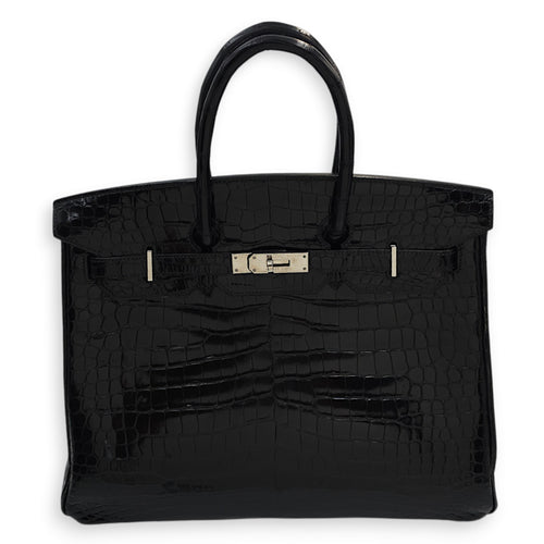 Birkin 35 Black in Shiny Porosus, Palladium hardware