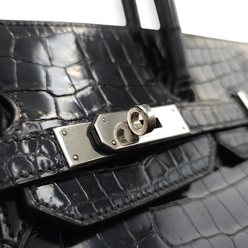 Birkin 35 Black in Shiny Porosus, Palladium hardware