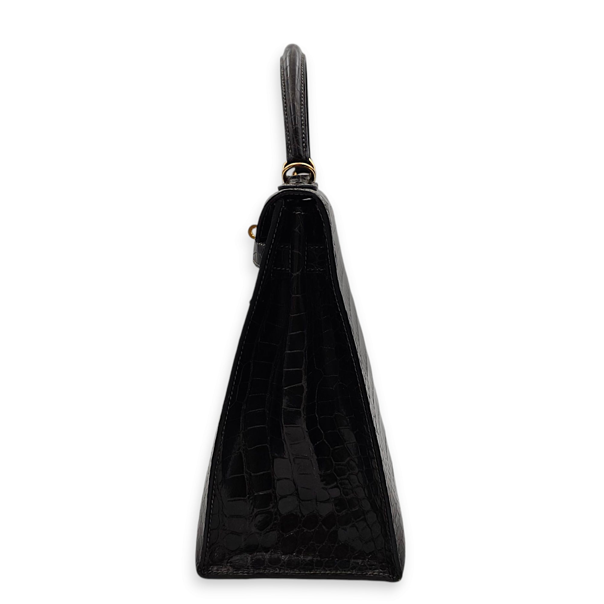Sellier Kelly 32 Graphite in Shiny Porosus, Gold hardware