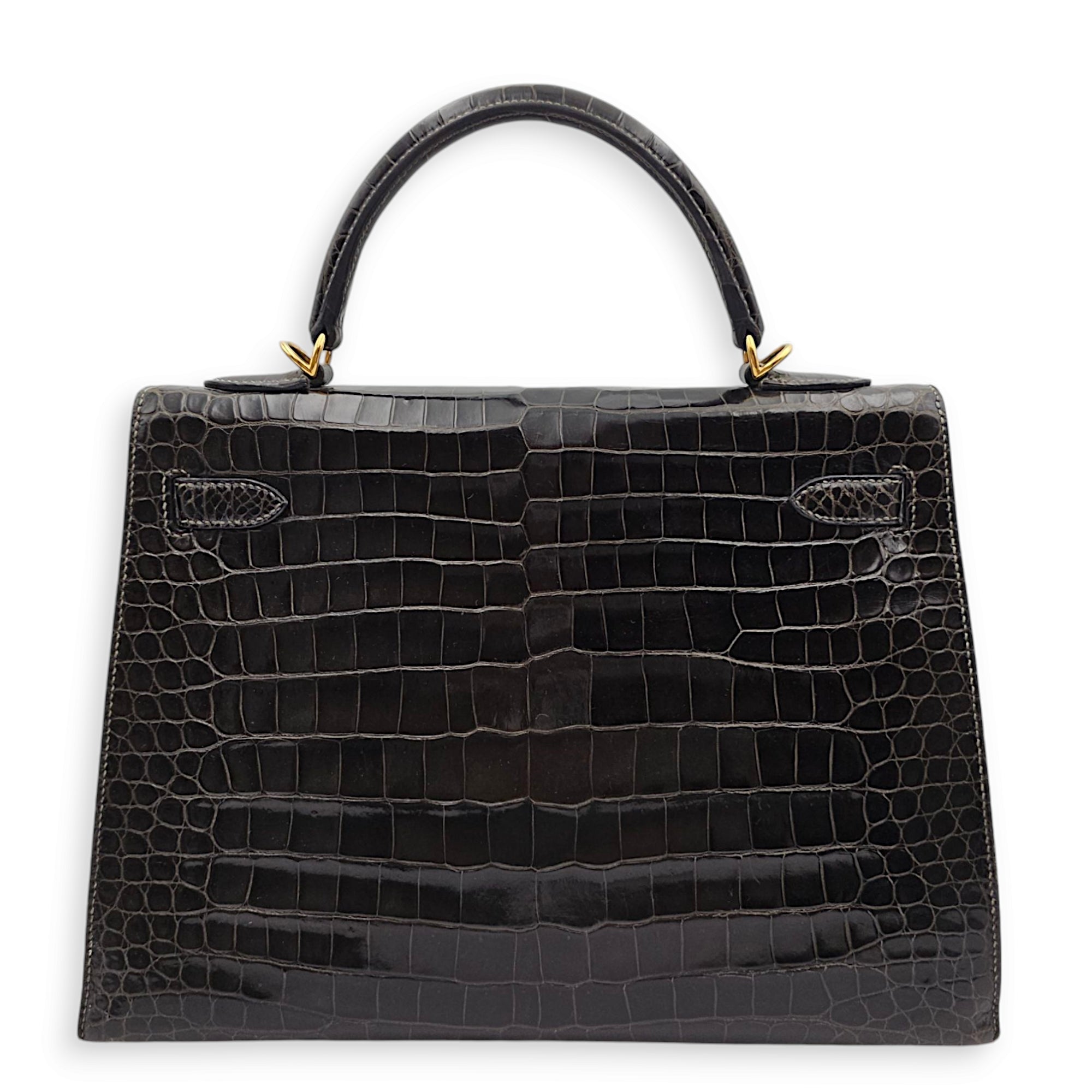 Sellier Kelly 32 Graphite in Shiny Porosus, Gold hardware