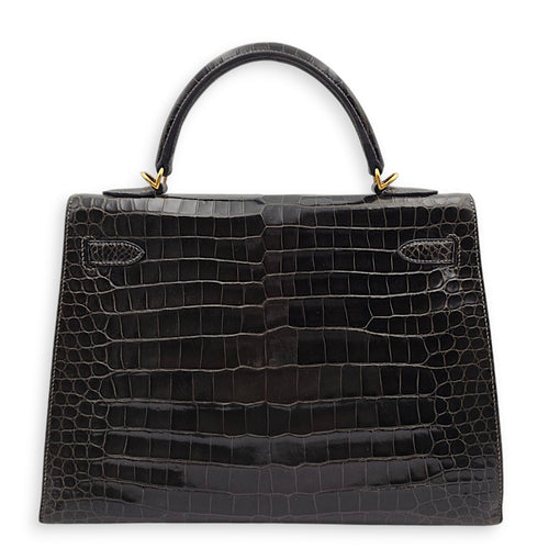 Sellier Kelly 32 Graphite in Shiny Porosus, Gold hardware