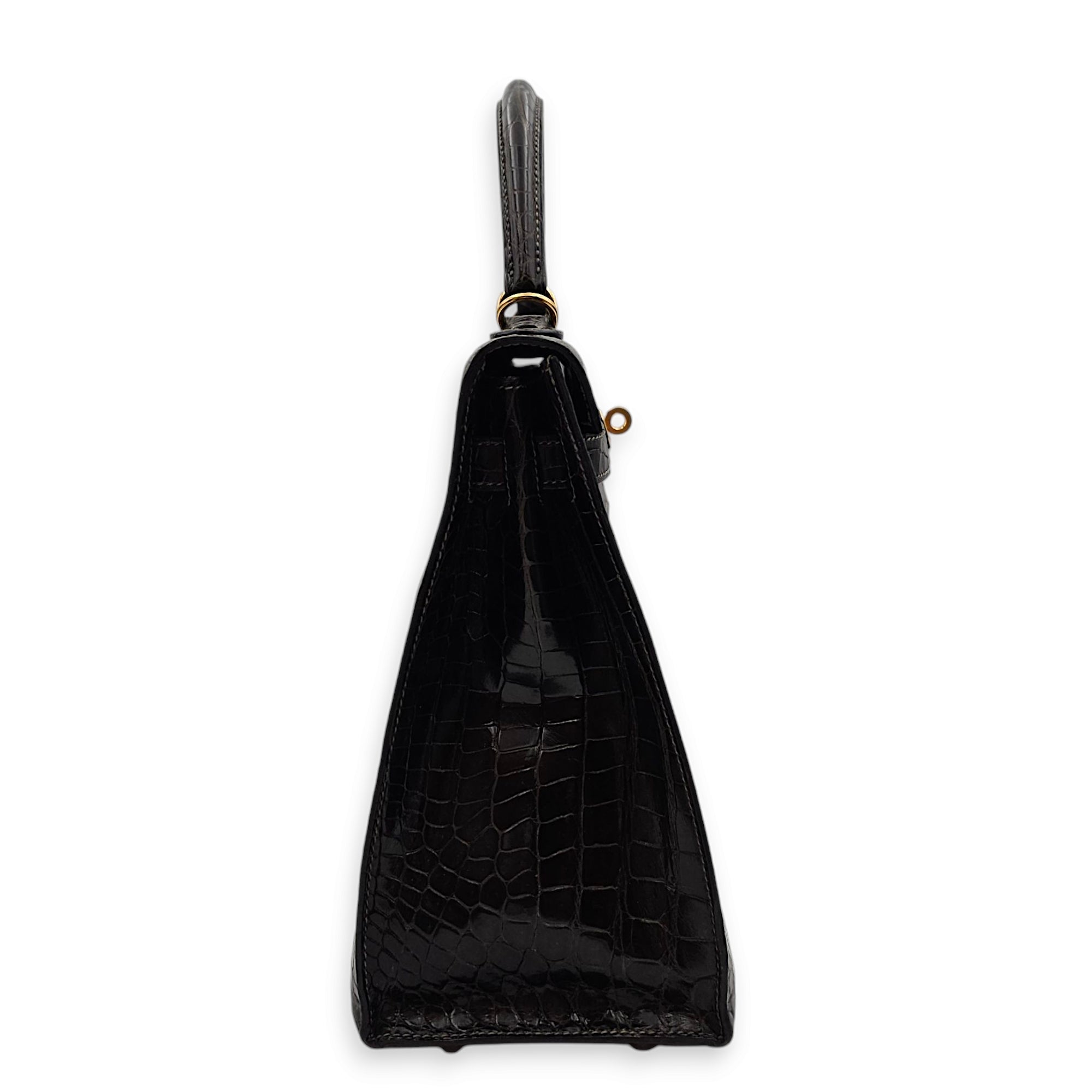 Sellier Kelly 32 Graphite in Shiny Porosus, Gold hardware