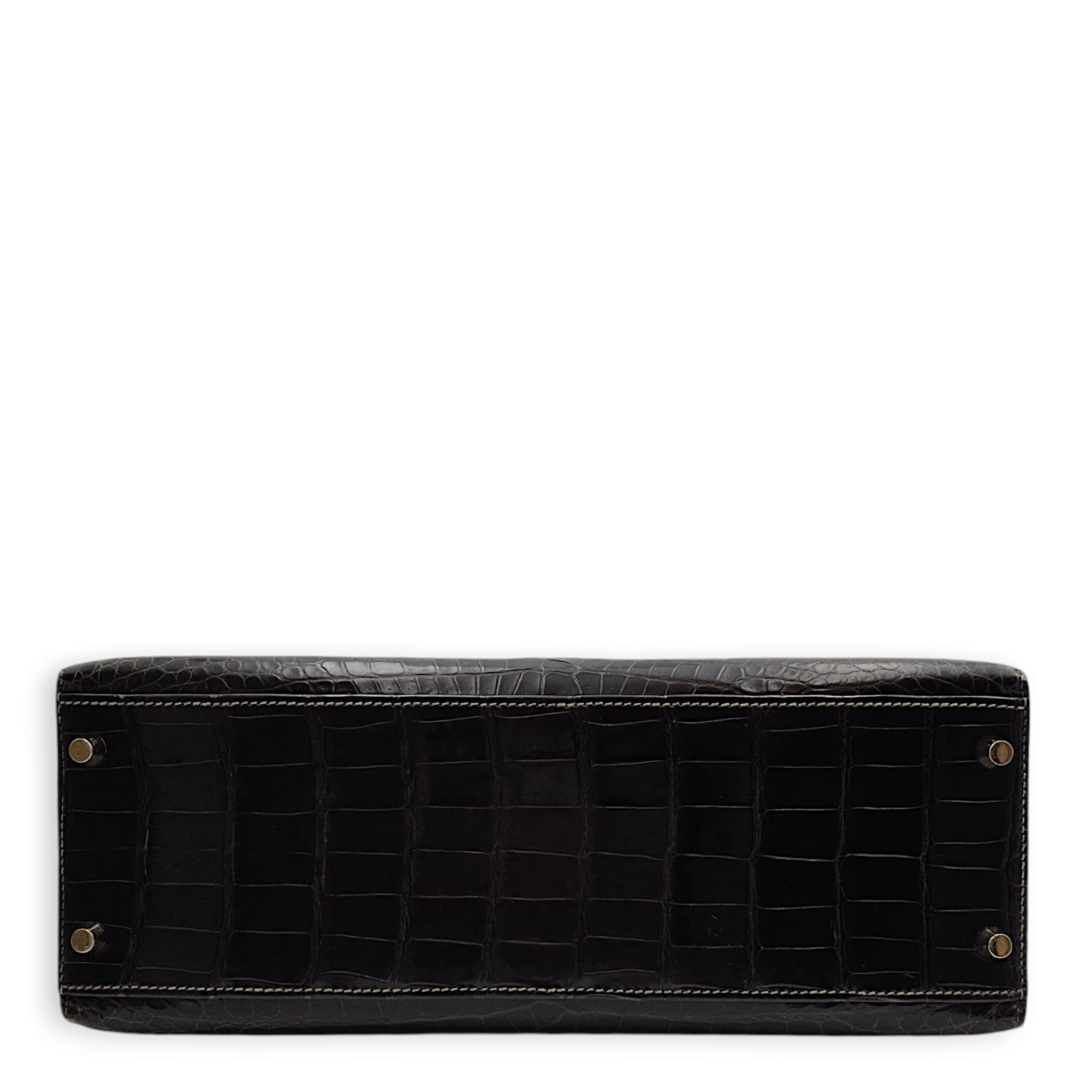 Sellier Kelly 32 Graphite in Shiny Porosus, Gold hardware