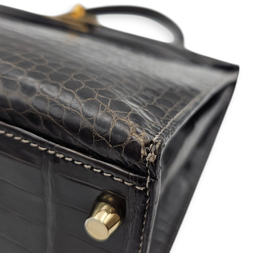 Sellier Kelly 32 Graphite in Shiny Porosus, Gold hardware