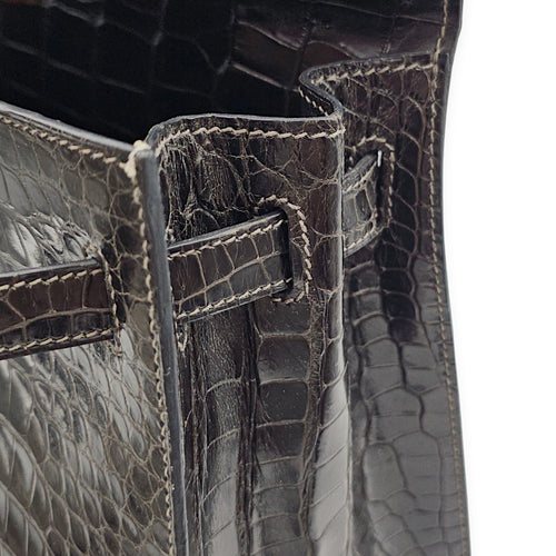Sellier Kelly 32 Graphite in Shiny Porosus, Gold hardware