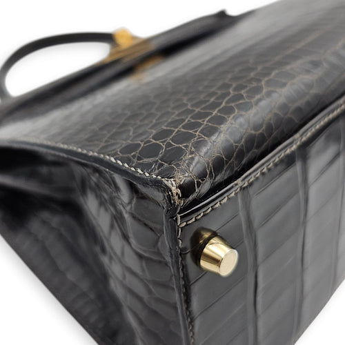 Sellier Kelly 32 Graphite in Shiny Porosus, Gold hardware