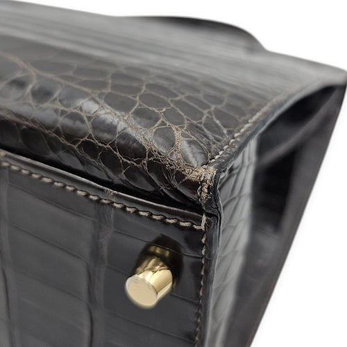 Sellier Kelly 32 Graphite in Shiny Porosus, Gold hardware