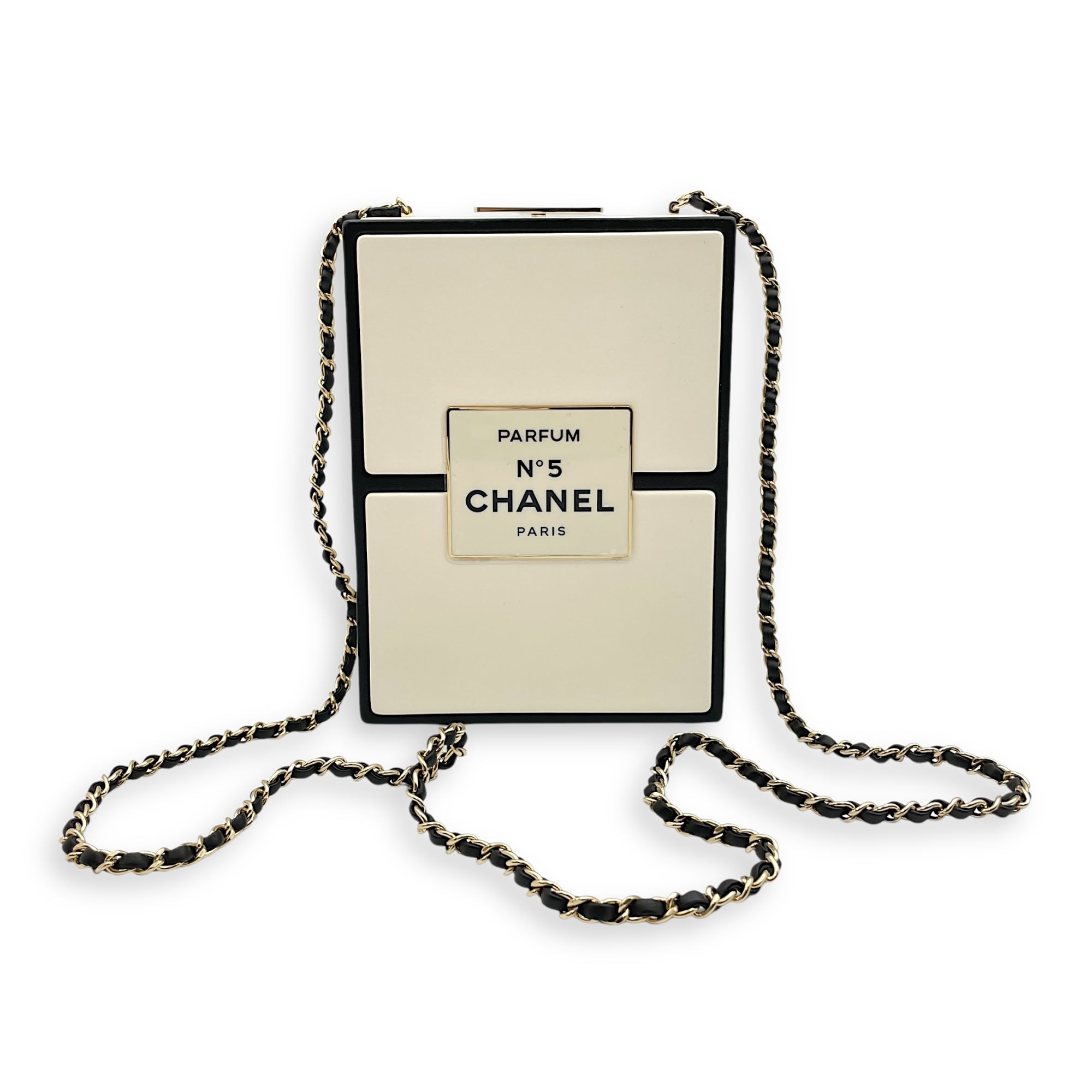 Chanel No.5 Parfum Box Black/White Evening Clutch, Gold hardware