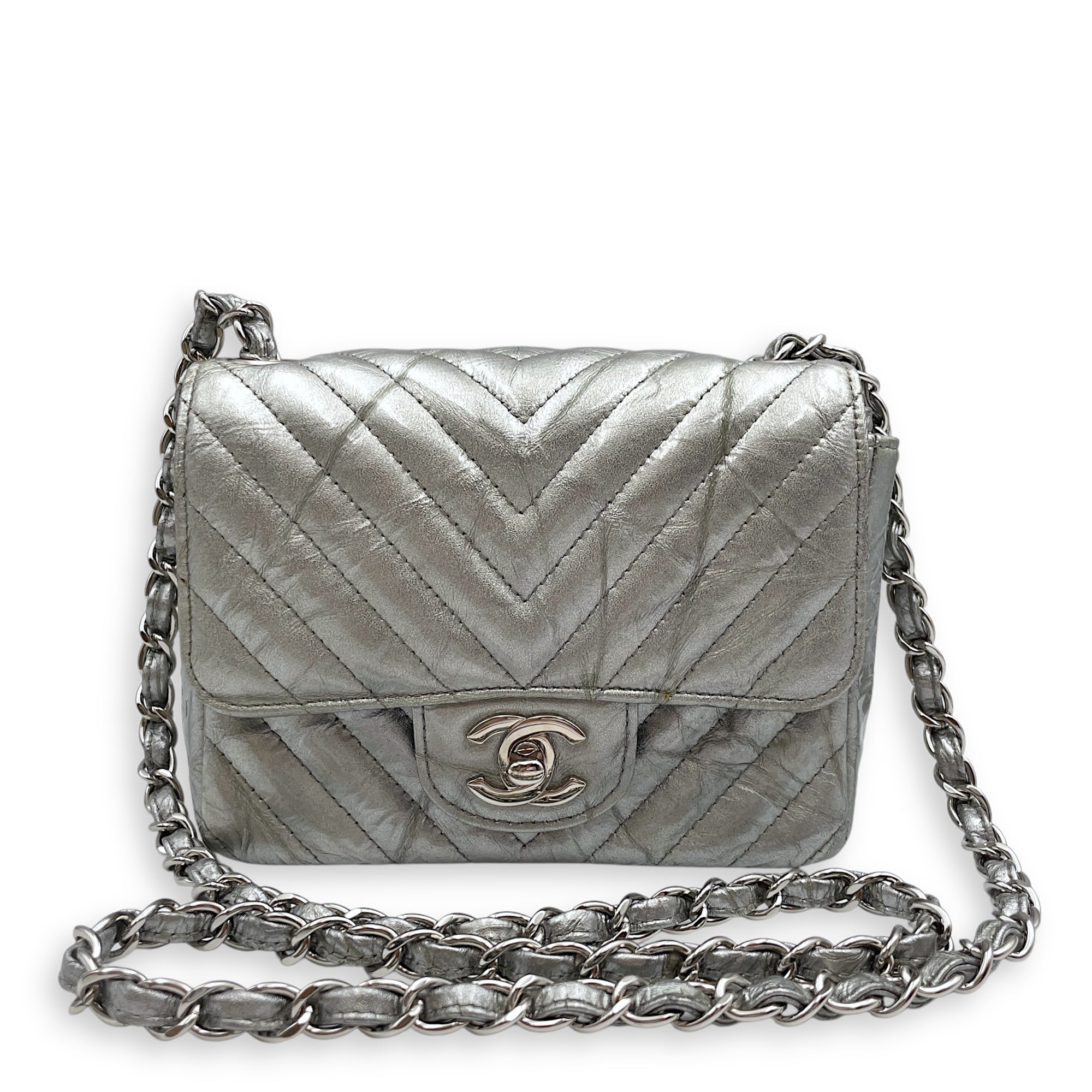 Chevron Mini Square Mini Silver Crossbody Bag in Patent Leather, Silver hardware