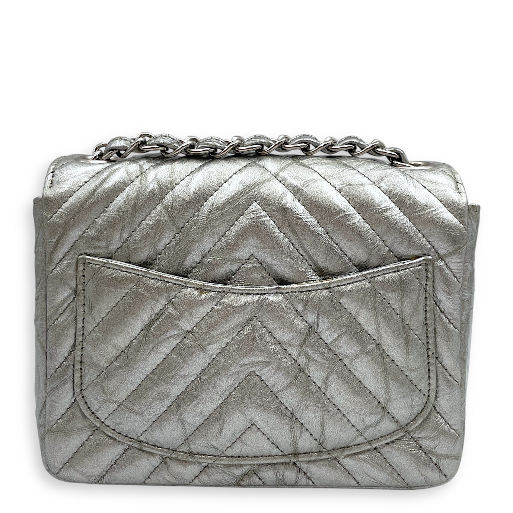 Chevron Mini Square Mini Silver Crossbody Bag in Patent Leather, Silver hardware