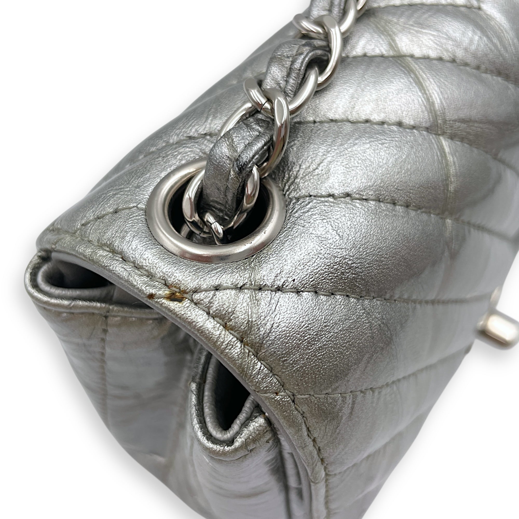 Chevron Mini Square Mini Silver Crossbody Bag in Patent Leather, Silver hardware