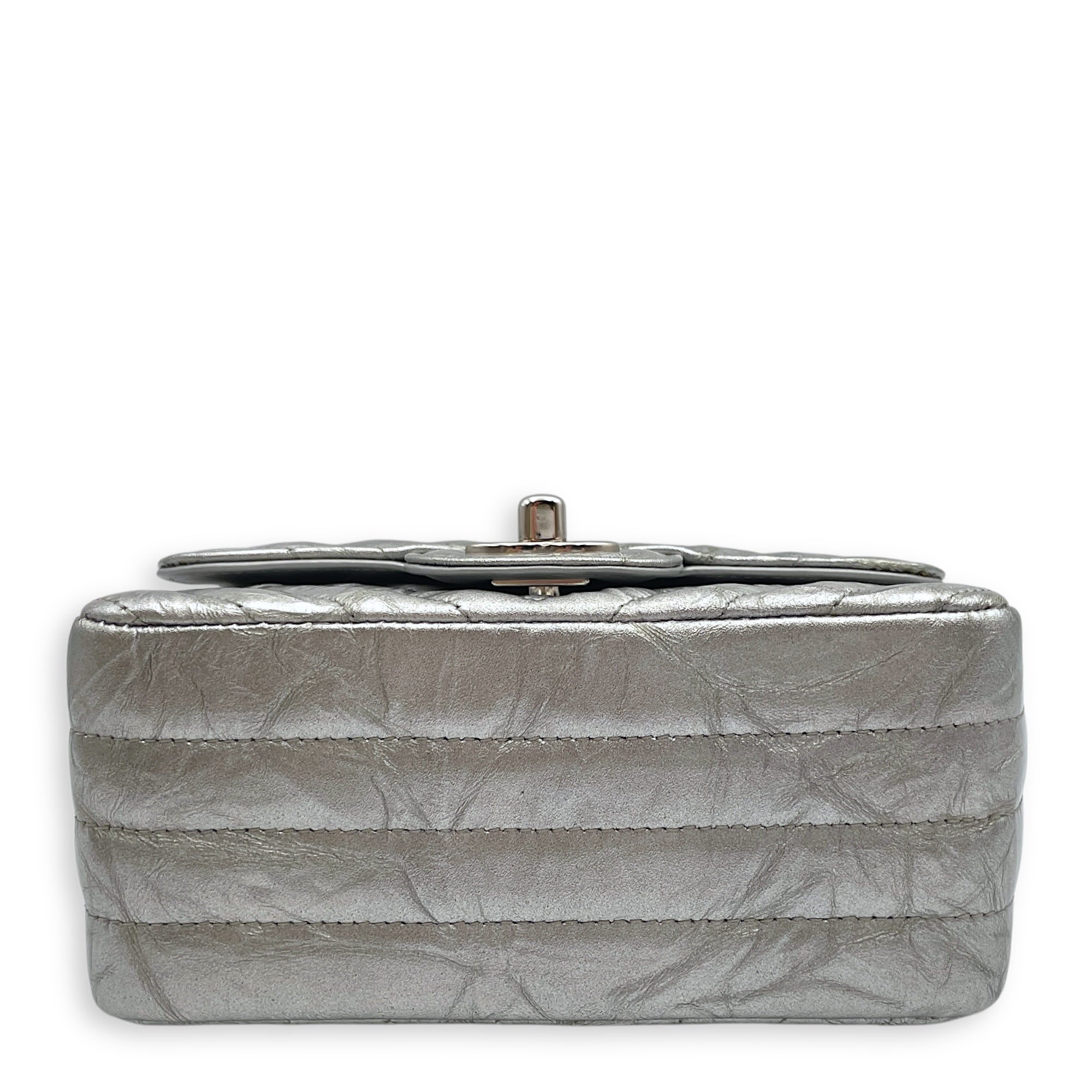 Chevron Mini Square Mini Silver Crossbody Bag in Patent Leather, Silver hardware