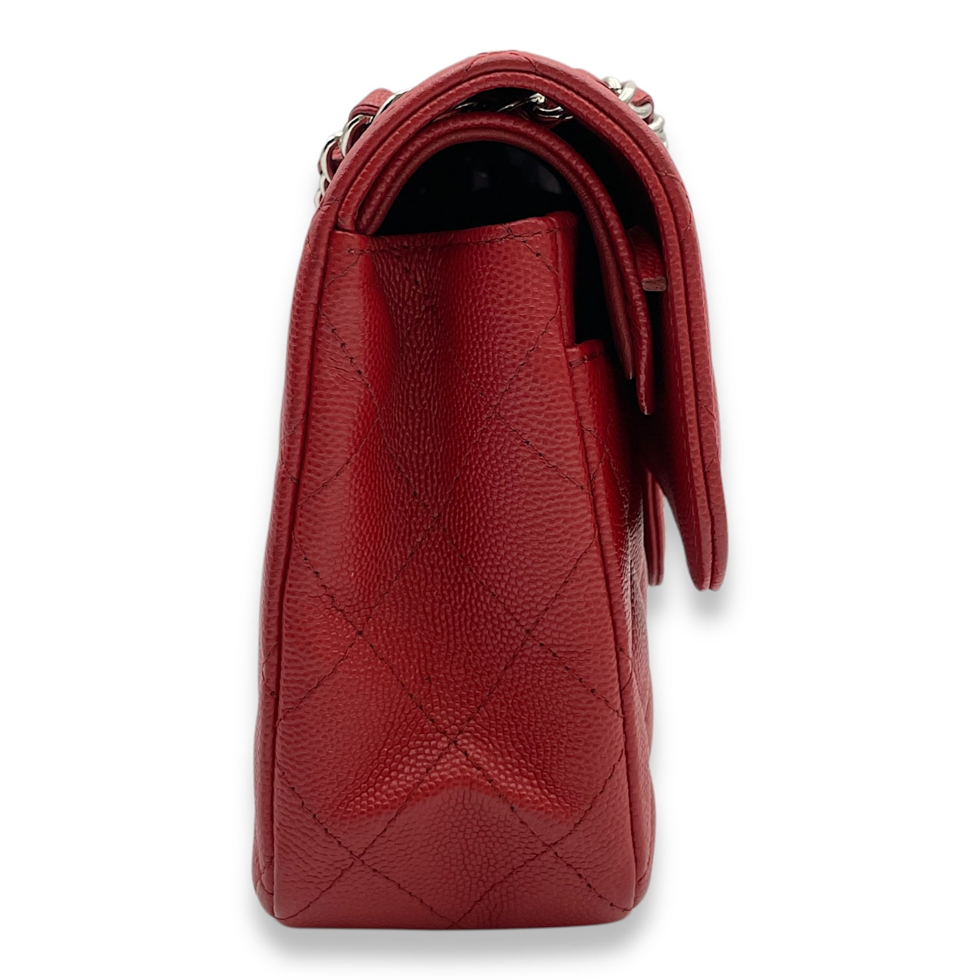 Classic Double Flap Small Red Shoulder Bag in Caviar Leather, Silver hardware
