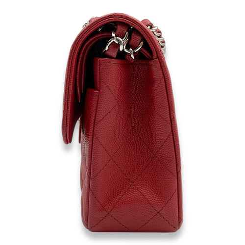 Classic Double Flap Small Red Shoulder Bag in Caviar Leather, Silver hardware