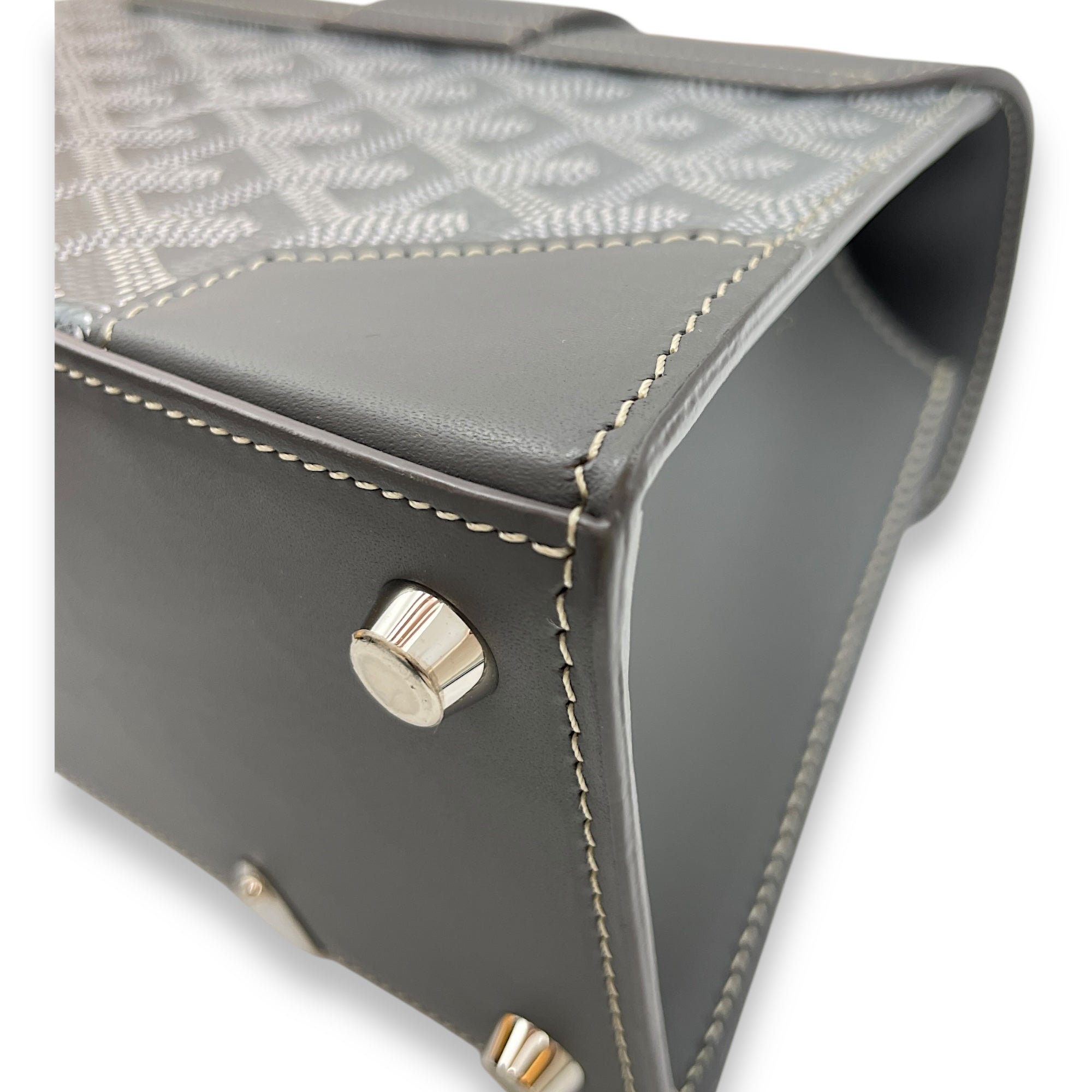 Saigon Structured Mini Grey Crossbody Bag in Goyardine canvas, beech handle, Silver hardware