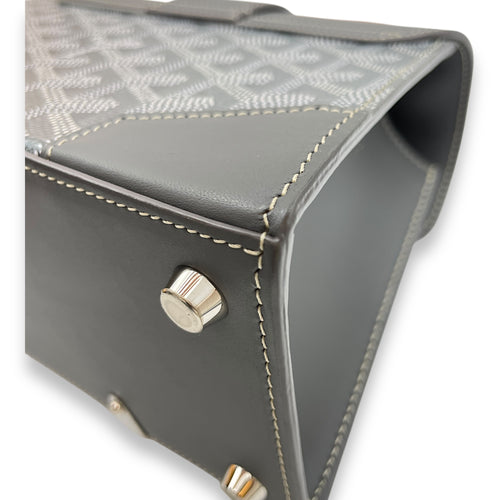 Saigon Structured Mini Grey Crossbody Bag in Goyardine canvas, beech handle, Silver hardware