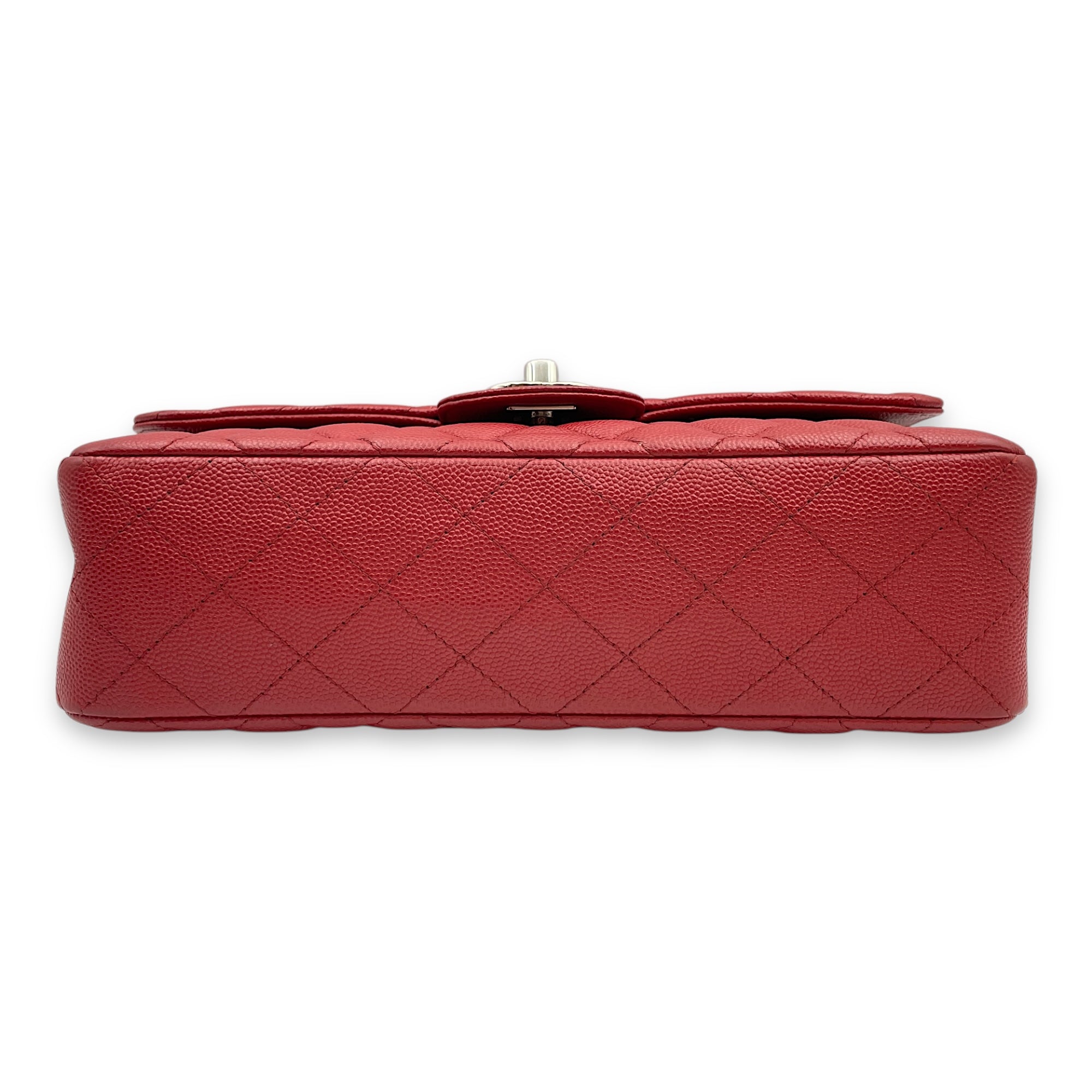 Classic Double Flap Small Red Shoulder Bag in Caviar Leather, Silver hardware