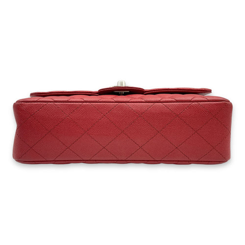 Classic Double Flap Small Red Shoulder Bag in Caviar Leather, Silver hardware