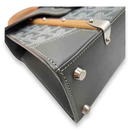 Saigon Structured Mini Grey Crossbody Bag in Goyardine canvas, beech handle, Silver hardware