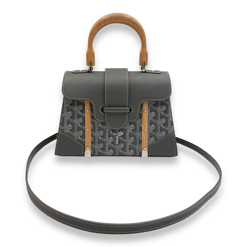 Saigon Structured Mini Grey Crossbody Bag in Goyardine canvas, beech handle, Silver hardware