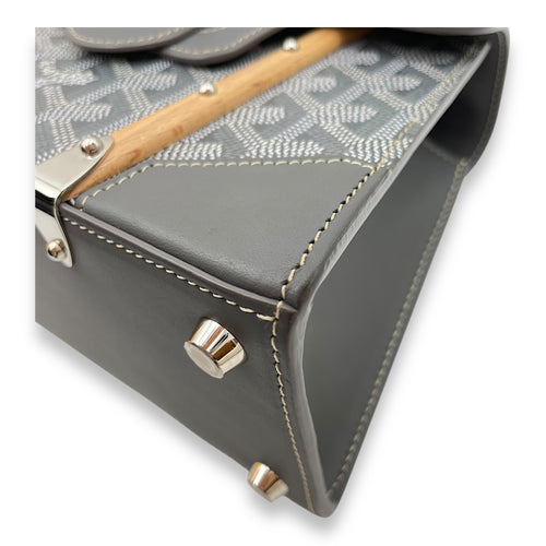 Saigon Structured Mini Grey Crossbody Bag in Goyardine canvas, beech handle, Silver hardware