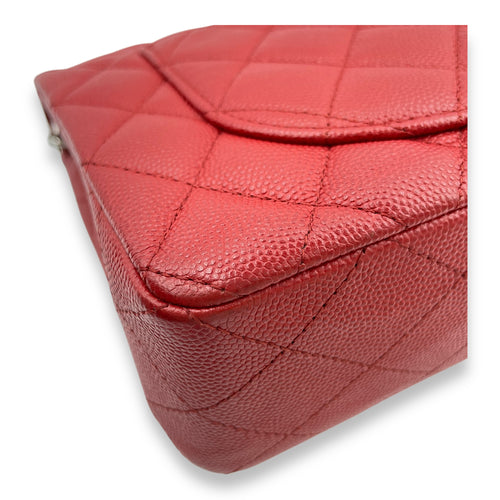Classic Double Flap Small Red Shoulder Bag in Caviar Leather, Silver hardware