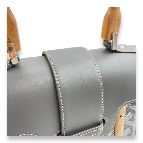 Saigon Structured Mini Grey Crossbody Bag in Goyardine canvas, beech handle, Silver hardware