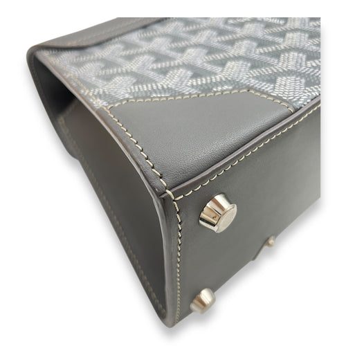 Saigon Structured Mini Grey Crossbody Bag in Goyardine canvas, beech handle, Silver hardware