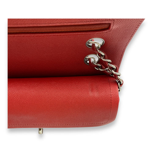 Classic Double Flap Small Red Shoulder Bag in Caviar Leather, Silver hardware