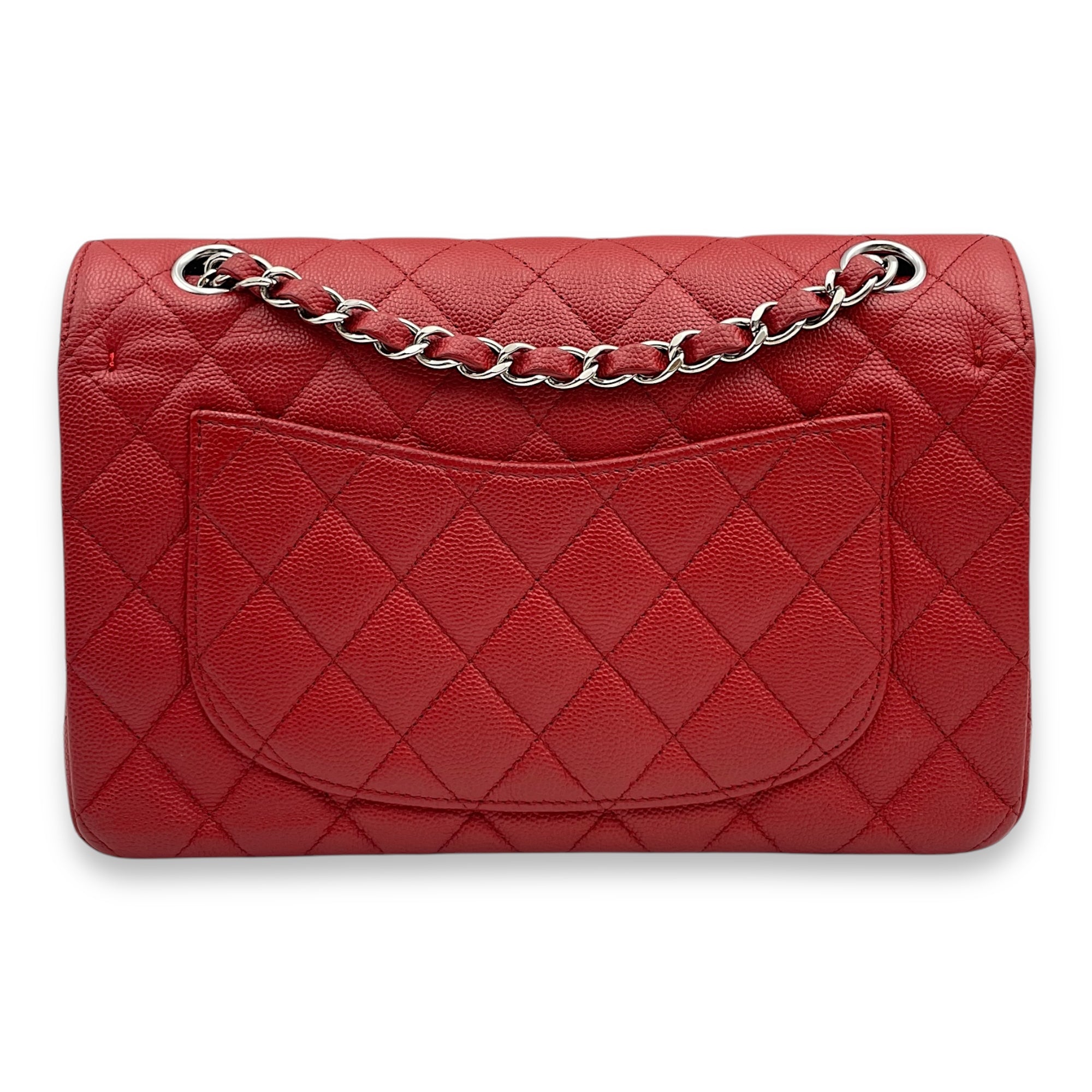 Classic Double Flap Small Red Shoulder Bag in Caviar Leather, Silver hardware