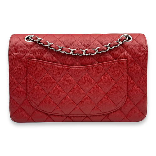 Classic Double Flap Small Red Shoulder Bag in Caviar Leather, Silver hardware
