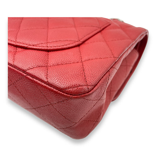 Classic Double Flap Small Red Shoulder Bag in Caviar Leather, Silver hardware