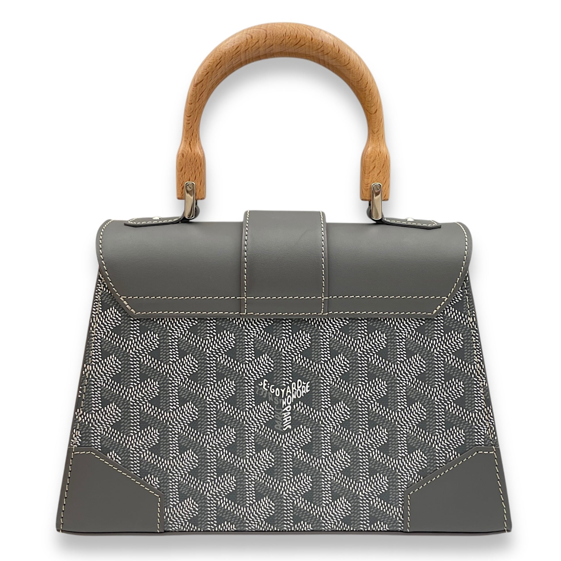 Saigon Structured Mini Grey Crossbody Bag in Goyardine canvas, beech handle, Silver hardware