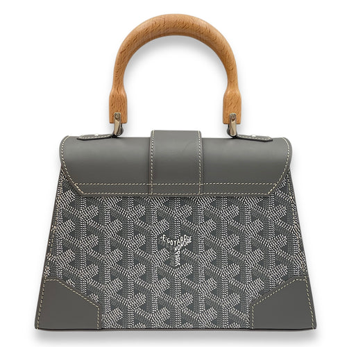 Saigon Structured Mini Grey Crossbody Bag in Goyardine canvas, beech handle, Silver hardware