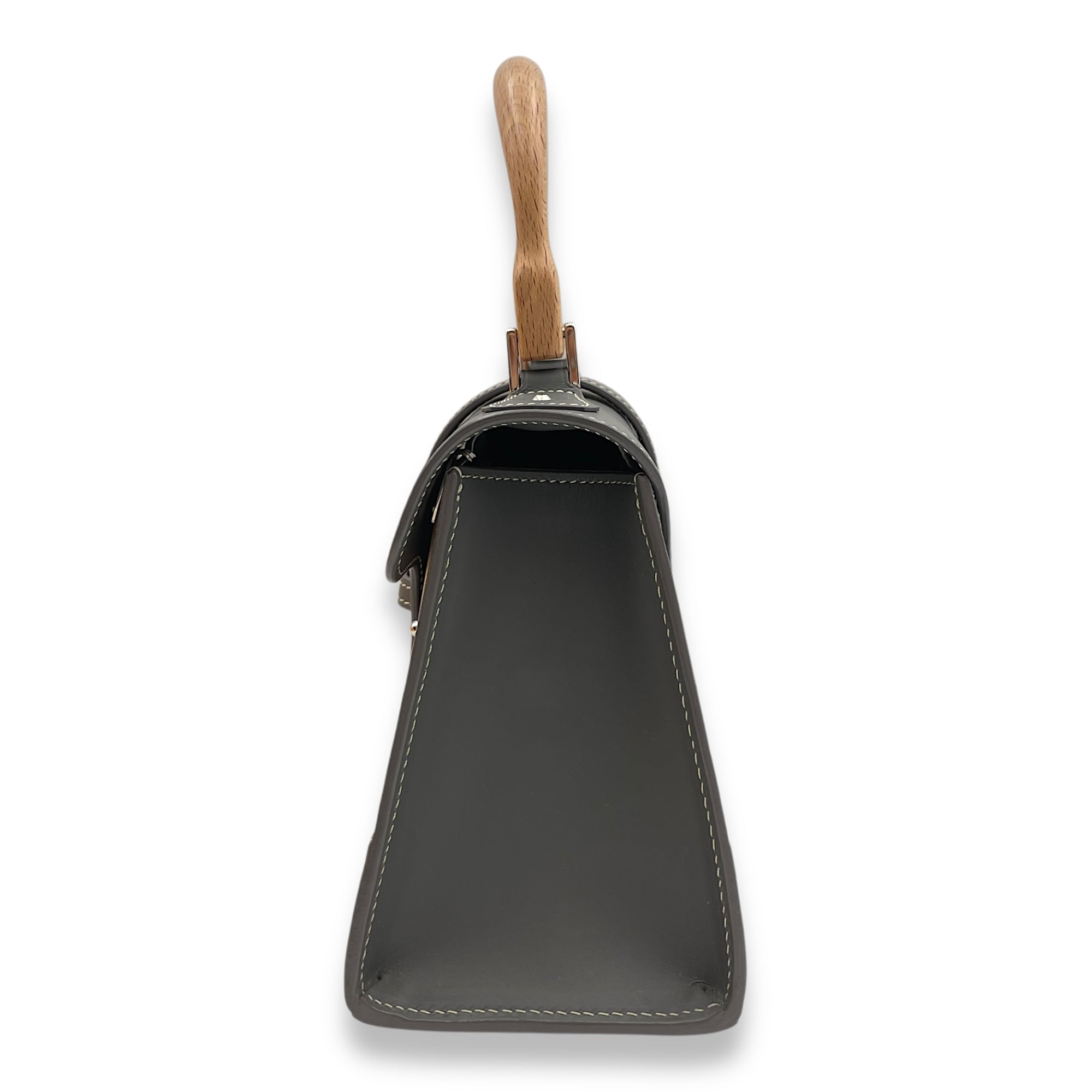 Saigon Structured Mini Grey Crossbody Bag in Goyardine canvas, beech handle, Silver hardware