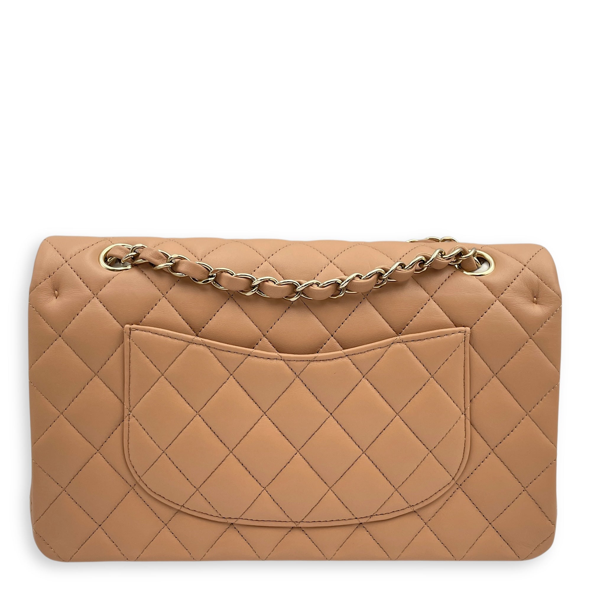 Classic Double Flap Medium Beige Shoulder Bag in Lambskin, Gold hardware