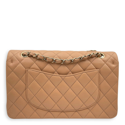 Classic Double Flap Medium Beige Shoulder Bag in Lambskin, Gold hardware