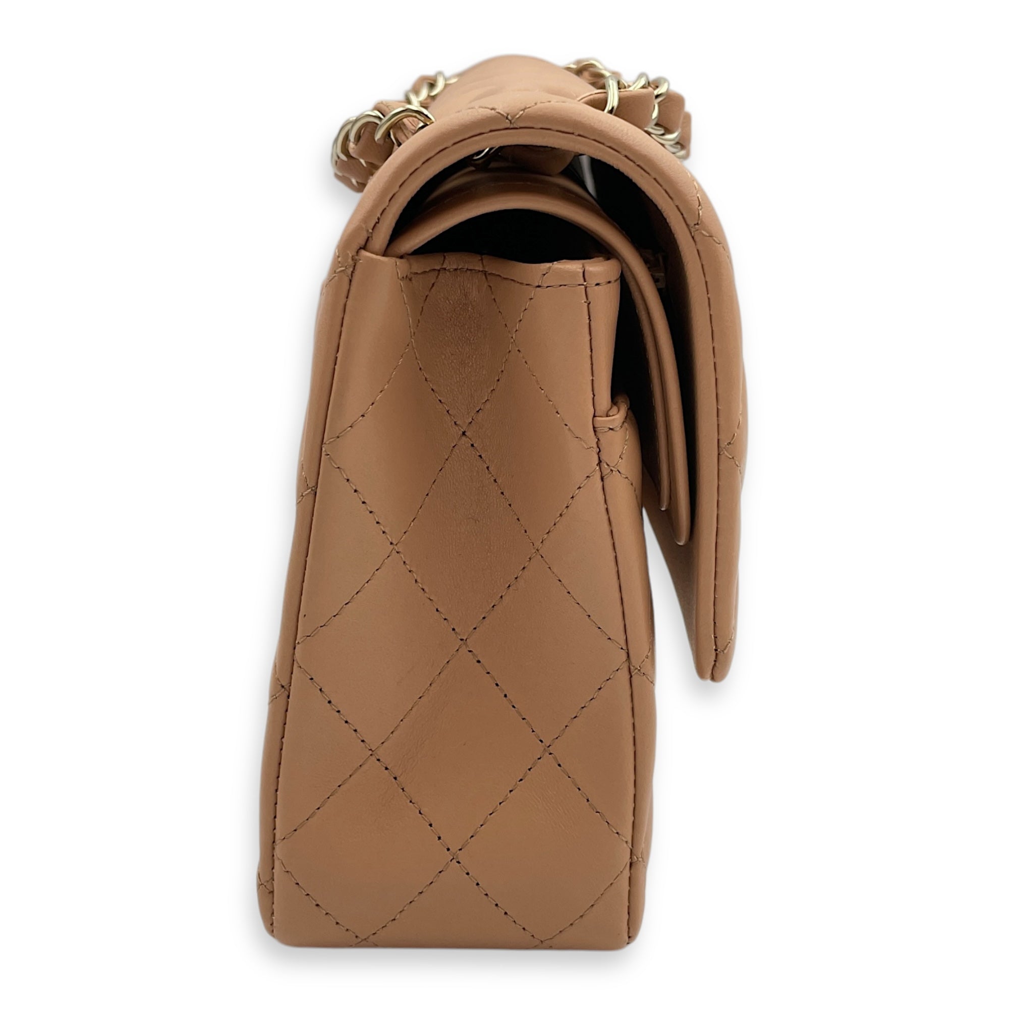 Classic Double Flap Medium Beige Shoulder Bag in Lambskin, Gold hardware