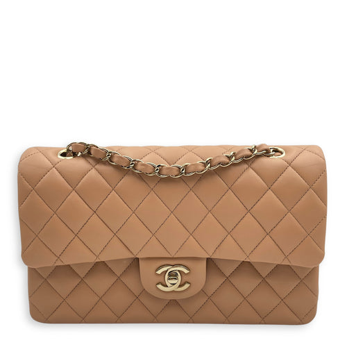 Classic Double Flap Medium Beige Shoulder Bag in Lambskin, Gold hardware