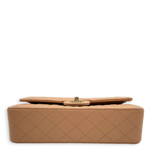 Classic Double Flap Medium Beige Shoulder Bag in Lambskin, Gold hardware