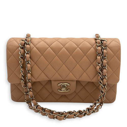 Classic Double Flap Medium Beige Shoulder Bag in Lambskin, Gold hardware