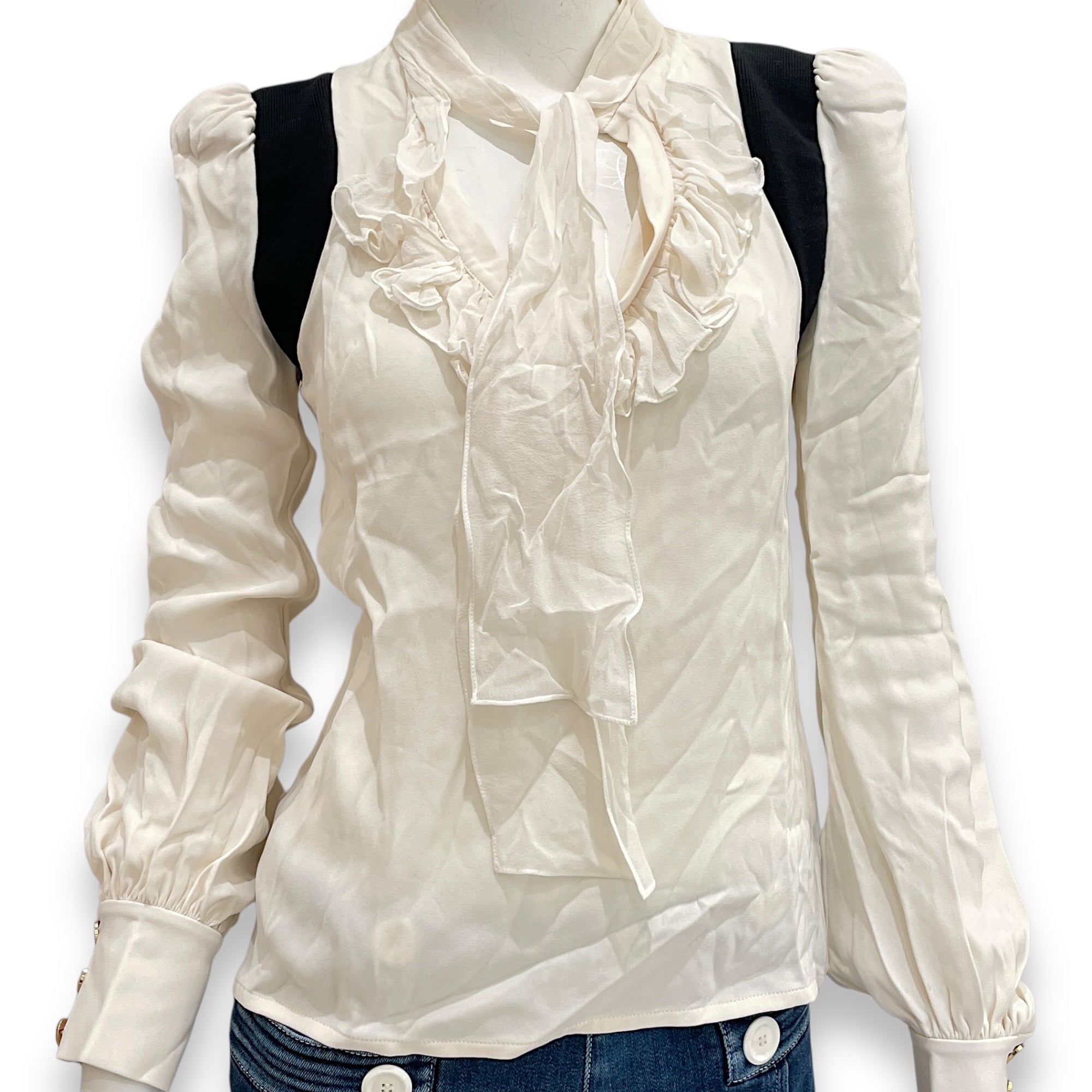 Lavalliere Collar 34 White Blouse in Silk, Gold hardware